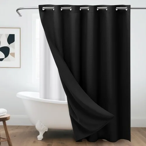 Cortina de ducha sin gancho con forro de tela a presión, juego de cortina de ducha de tela resistente de 256 GSM, color negro, impermeable, lavable,