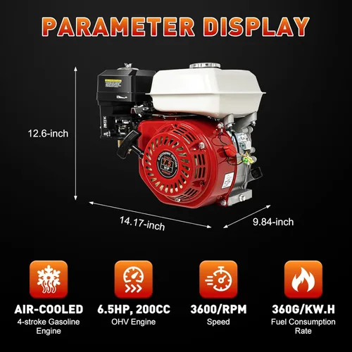 Miniatura 2 de Motor de gasolina refrigerado por aire de 4 tiempos de 6.5HP, motor de gasolina de eje horizontal de 200cc con arranque manual, motor de gasolina