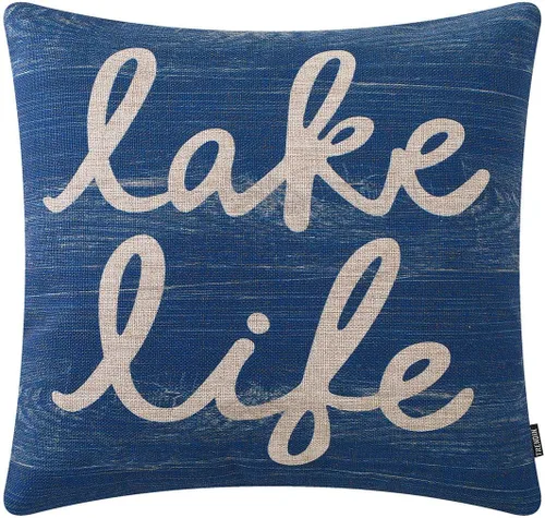 TRENDIN Lake Life PL649TR - Funda de cojín decorativa de madera azul oscuro para sofá, cama, oficina o automóvil, 18 x 18 pulgadas