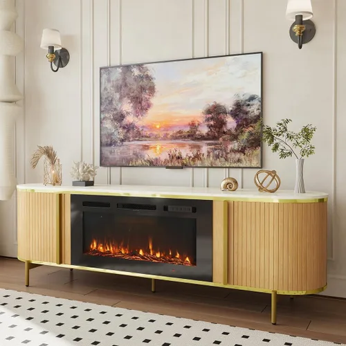 Miniatura 10 de Soporte de TV de lujo de 70 pulgadas con chimenea, moderno soporte de TV de mediados de siglo, centro de entretenimiento para televisores de hasta