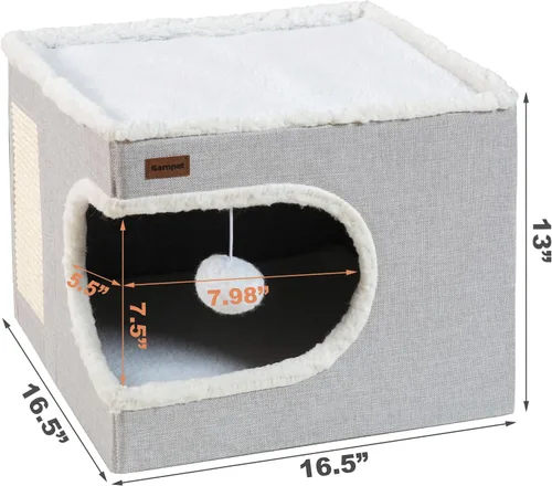 Miniatura 2 de Garnpet Cama para Gatos de Interior Casa Cubo, Camas de Cueva para Gatos Cubierta y Muebles con Almohadilla Rascadora y Tienda Refugio, Lindo Gris