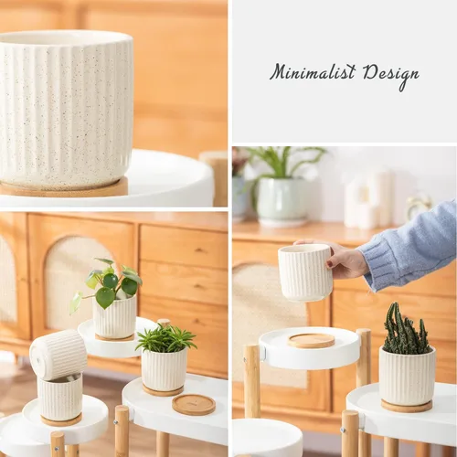 Miniatura 5 de Macetas de cerámica de 4 pulgadas con agujeros de drenaje, maceta moderna de patrón vertical con platillo para plantas de interior, suculentas
