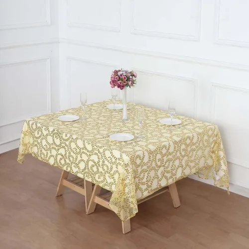 Miniatura 2 de Efavormart - Superposición de mesa de tul bordado de hojas de lentejuelas doradas de 72 x 72 pulgadas, mantel cuadrado transparente
