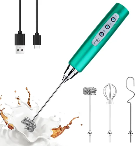 Miniatura 14 de YUSWKO - Espumador de leche recargable de mano con 3 cabezas, mezclador de bebidas con 3 velocidades ajustables para latte, cappuccino, chocolate
