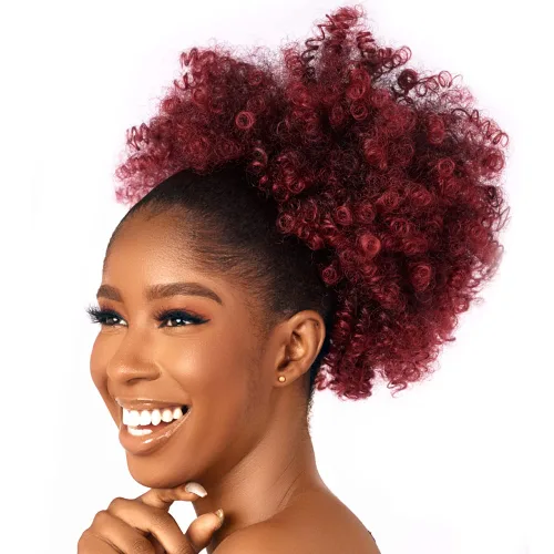 Miniatura 19 de Extensión de cola de caballo rizada con cordón Afro Puff para mujeres negras, extensiones de cabello sintético corto afro Kinkys rizado, extensión