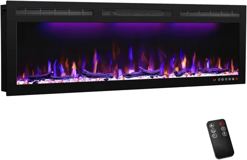 Chimenea eléctrica Mystflame, chimenea empotrable o montada en la pared, chimenea lineal de marco delgado con opciones de madera y capa de cristal,