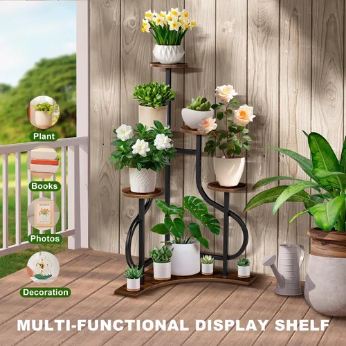 Miniatura 7 de Soporte esquinero de 6 niveles, soporte para plantas de interior con base en forma de L, estante estético de metal para múltiples plantas, maceta