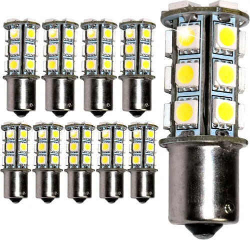 Miniatura 12 de HQRP BA15s Base de bayoneta de un solo contacto SMD 5050 6300-7000K 10-30V DC 3.4W bombilla LED compatible con #93, 382, 1141, 1156, 1157