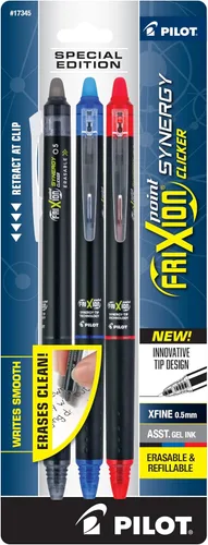 Pilot FriXion Synergy Clicker - Bolígrafos de tinta de gel borrables, retráctiles, borrables, punta extrafina de 0.020 in, paquete de 3, colores