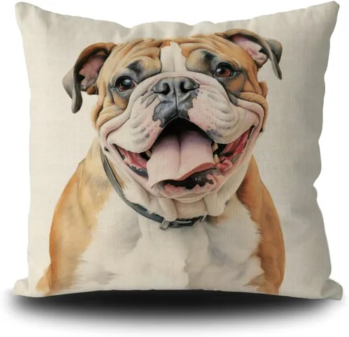 Divertida funda de almohada decorativa para perro, bulldog inglés, funda de almohada decorativa para sofá, cama, amante de los perros, lino, color