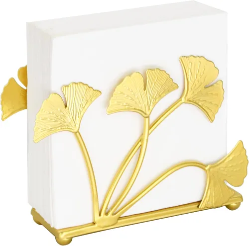 Miniatura 6 de Owlgift Servilletero moderno de hoja de ginkgo dorado pintado – Servilletero de papel decorativo de hierro de primera calidad de 6.7 pulgadas