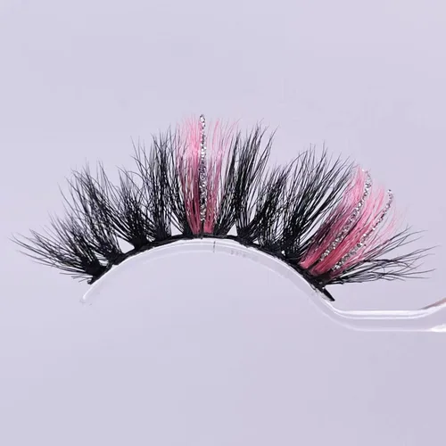 Miniatura 2 de Pestañas postizas negras con reflejos rosados y purpurina plateada, 1 par de pestañas de tira voluminosas brillantes con color, visón sintético