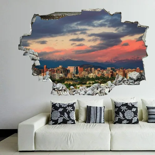 Chile Santiago Houses Mountains Clouds Wall Decal Paisaje 3D Break Through Wall Sticker Extraíble PVC Divertido Arte de Pared Calcomanía de Navidad