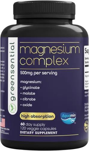 Greensential Complejo de magnesio 500 mg | Suministro de 2 meses | Glicinato, Malato, Citrato, Óxido y Aquamin® | Apoyo para dormir, músculos y