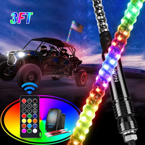 Miniatura 10 de Nilight - 1 luz de látigo LED RGB en espiral de 2 pies con control remoto por RF, luz de persecución/baile RGB, látigos de antena iluminados