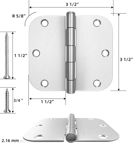 Miniatura 2 de HOSOM Paquete de 3 bisagras de puerta redondeadas de níquel cepillado de 3.5 x 3.5 pulgadas con radio de 5/8, bisagras de puerta interior de níquel