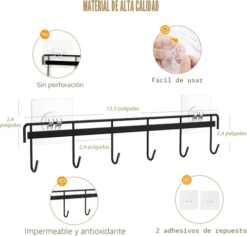 Miniatura 3 de Perchero de Utensilios de Cocina, Soporte de Utensilios Adhesivo de Pared con 12 Ganchos, Ahorro de Espacio y Sin Taladrar, Negro, 2 Piezas