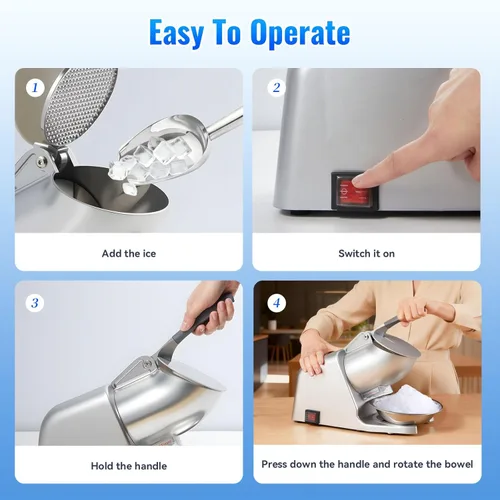 Miniatura 7 de Máquina de afeitar de hielo de doble hoja de 186 lbs/h, con cuchillas adicionales y palillo de hielo, trituradora de hielo eléctrica de 300 W
