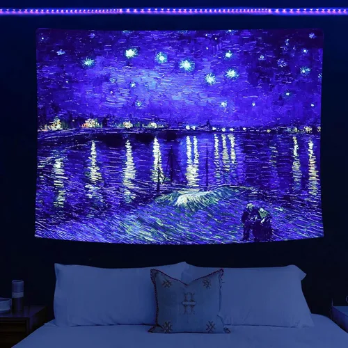 Miniatura 3 de PSYHILAR Pósteres de luz negra para adolescentes, Vincent Van Gogh, tapices estéticos de luz negra, telón de fondo de noche estrellada sobre