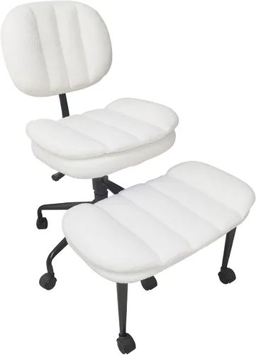 Miniatura 12 de Silla cruzada con reposapiés, silla de oficina giratoria de piel de oveja sintética de 360°, asiento extra ancho con comodidad similar al sofá, Lana