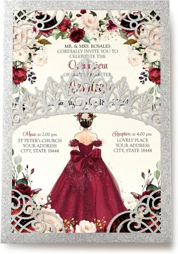 Miniatura 15 de 50 invitaciones de quinceañera con corona negra perlada cortada con láser Invitaciones de cumpleaños florales burdeos para Sweet 16/Miss XV