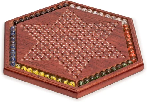 Miniatura 6 de Yellow Mountain Imports Juego de mesa Halma de damas chinas de madera, 13.6 pulgadas, con 60 canicas de vidrio estilo pétalos de colores (0.630 in)