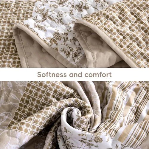 Miniatura 4 de Mybedsoul Juego de edredón bohemio beige tamaño individual, juego de colcha floral a cuadros de 3 piezas, juego de ropa de cama reversible