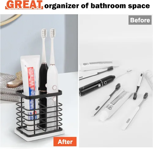 Miniatura 5 de Soporte para cepillos de dientes, lujoso soporte de metal para pasta de dientes con base de mármol para baño, diseño calado de múltiples ranuras