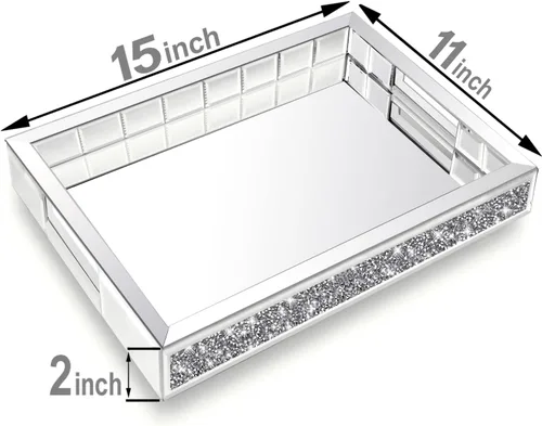 Miniatura 6 de Wocred Organizador de joyas de espejo para tocador de dormitorio, bandeja de baño de diamantes triturados con asas, bandeja de perfume, bandeja