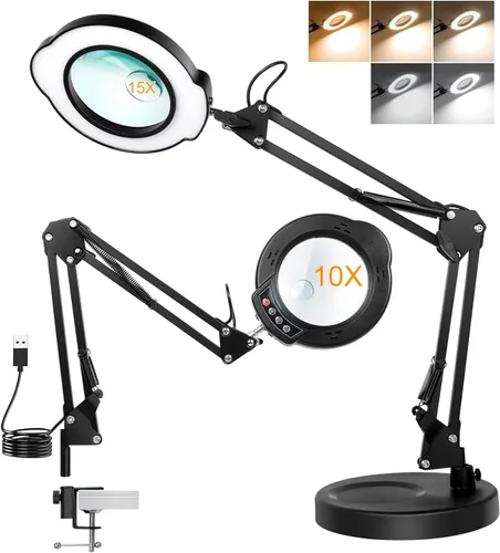 Lupa de 10 x 15X con luz y soporte, lámpara LED de aumento de escritorio con base y abrazadera, 5 modos de color, 10 niveles regulables iluminada