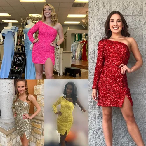 Miniatura 5 de Stylefun Vestido corto brillante de una sola manga con lentejuelas para adolescentes, vestido de cóctel de graduación CYM083
