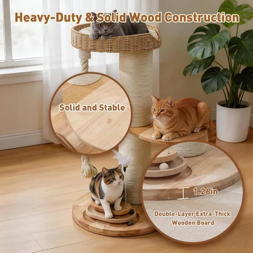 Miniatura 5 de Árbol moderno para gatos grandes, torre para gatos de madera maciza con poste rascador extragrueso, torre de gato de pie para gatos