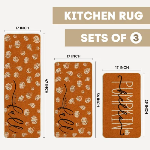 Miniatura 3 de Artoid Mode Juego de 3 tapetes de cocina naranja con texto en inglés "Hello Pumpkin", decoración otoñal para el hogar, alfombras de cocina de bajo