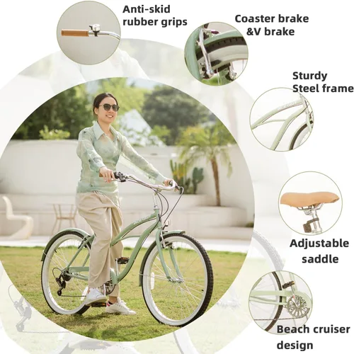 Miniatura 4 de ACEGER Bicicleta de confort para mujer, de 24 y 26 pulgadas, velocidad única y 7 velocidades, bicicleta de ciudad para adultos, marco de acero