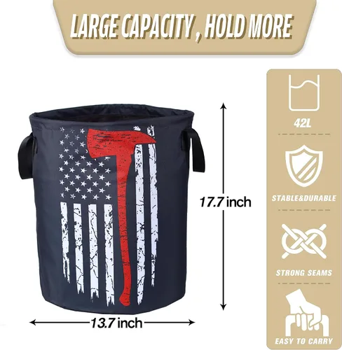 Miniatura 2 de Cesta de lavandería con bandera americana de línea roja Ax de NUTAINLA, cesta plegable de tela Oxford para bomberos, bolsa divertida de mano, cesta