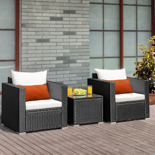 Juego de muebles de mimbre de ratán para exteriores, 3 piezas, con cojín resistente al agua y mesa de vidrio templado, silla de mimbre para porche,