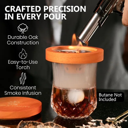 Miniatura 5 de Silva Imbue - Kit de ahumador de whisky con antorcha, kit de ahumador antiguo para cócteles, bourbon y whisky, 6 chips de madera, tapa de roble