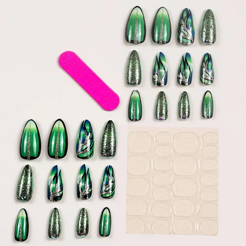Miniatura 4 de Uñas acrílicas artificiales de punta francesa verde – Forma de almendra de longitud media con diseño de diamantes de imitación 3D de lámina dorada