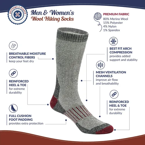 Miniatura 2 de Buttons & Pleats Calcetines de lana para hombres y mujeres merino térmicos cálidos y acogedores calcetines de invierno para botas de invierno