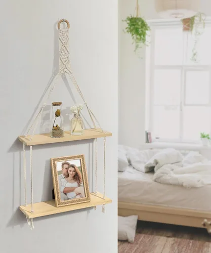 Miniatura 5 de Afuly Estante colgante de pared de macramé, estantes flotantes bohemios, cuerda de algodón, decoración rústica del hogar, 2 niveles, colgador