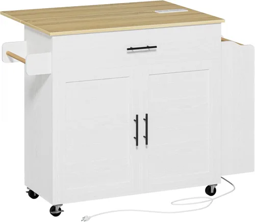 Miniatura 9 de IRONCK Isla de cocina con almacenamiento, isla de cocina rodante con hoja abatible, 3 estantes abiertos para especias, gabinete con puerta, cajón