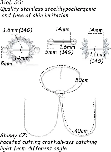 Miniatura 2 de Vqoxaggi - Piercing para pezón de acero quirúrgico de 14 G para mujer, con gargantilla, collar de corazón, pezón, barra de piercing para pezón