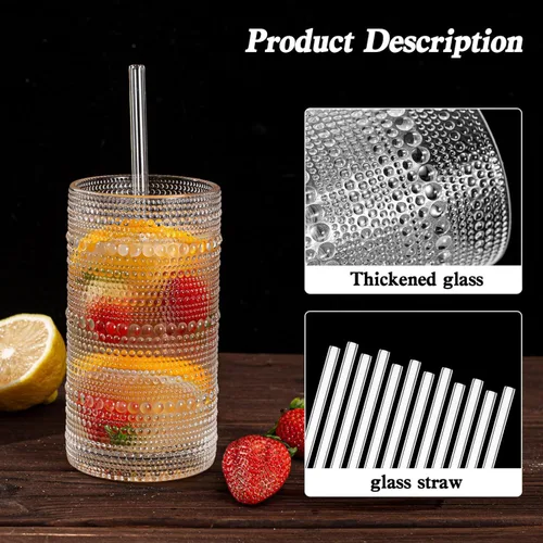 Miniatura 4 de Juego de 15 vasos de hobnail de 16 onzas / 16.2 fl oz vintage con pajitas, tazas gruesas en relieve para agua, café helado, jugo, cócteles, cocina
