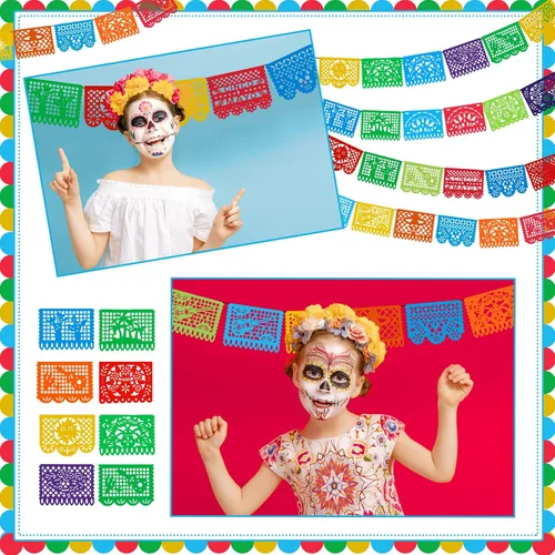 Miniatura 6 de 12 pancartas de fiesta mexicana de 180 pies grandes de papel picado, 10 patrones de plástico para fiesta de cinco de mayo, fiesta mexicana, día
