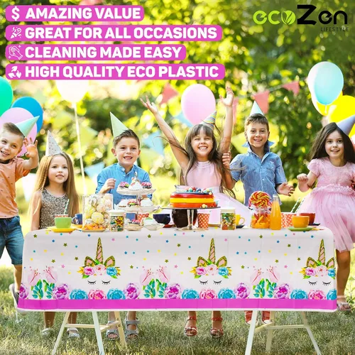 Miniatura 3 de Lifestyle - Paquete de 2 manteles desechables de unicornio extragrandes de 108 x 54 pulgadas para fiesta de cumpleaños, baby shower y decoración