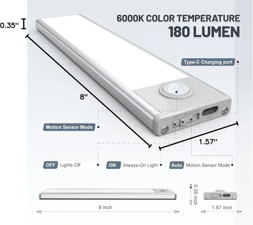 Miniatura 9 de Paquete de 6 luces inalámbricas para debajo del gabinete, 32 luces LED recargables con sensor de movimiento para interiores, luces magnéticas Luz