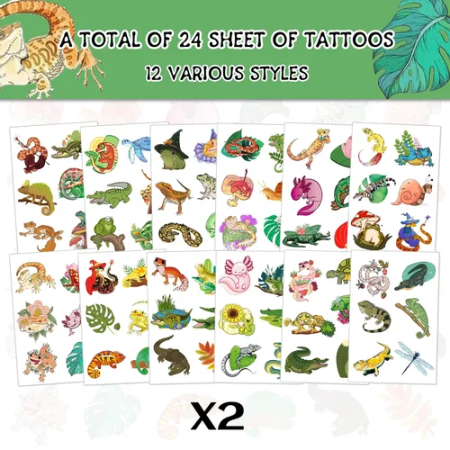 Miniatura 2 de 144 calcomanías de reptiles para fiestas de reptiles, tatuajes temporales de cocodrilo, lagarto, lagarto, gecko, serpiente, tortuga, tatuajes