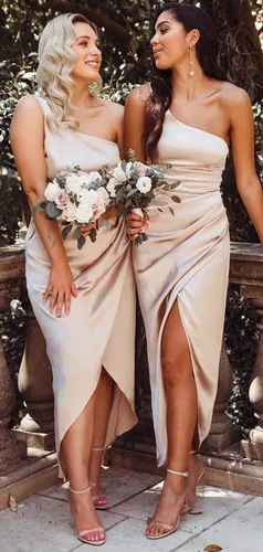 Miniatura 3 de PAVERJER One Shoulder Bridesmaid Dresses for Women Mermaid High Low Silk Satin Ruched Formal Dresses with Slit