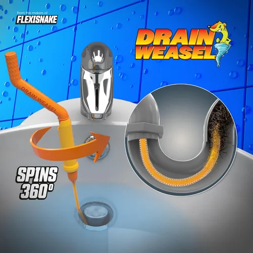 Miniatura 2 de FlexiSnake Drain Weasel MAX - Herramienta removedor de obstrucciones de pelo con mango giratorio y 2 recambios de varita, fabricado en los Estados