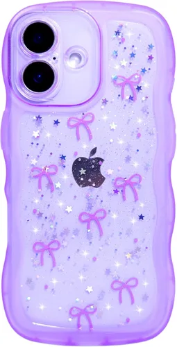 Miniatura 23 de Qokey Funda para iPhone 12 Pro Max de 6.7 pulgadas, diseño de onda rizada, borde transparente, brillante con purpurina, estrella brillante, bonita